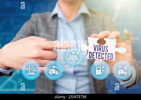 Rilevata didascalia di testo che presenta virus. Business Concept Un programma per computer utilizzato per prevenire e rimuovere malware Business Woman puntamento Jigsaw Puzzle Foto Stock