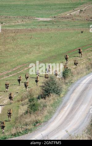 Esercito britannico GCC soldati di fanteria su una scheda di 4km che trasportano 40kg attraverso Salisbury Plain Wiltshire Regno Unito Foto Stock