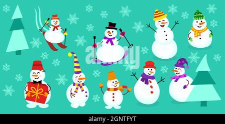 Collezioni icone di diversi pupazzi di neve. Snowman con un regalo, sugli sci Illustrazione Vettoriale