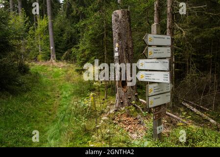 Segnaletica, dove il sentiero Goldsteig si divide in un percorso Nord e Sud per Passau Foto Stock