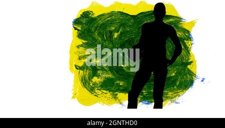 Silhouette di giocatore di pallamano femminile contro tratti di pennello giallo e verde Foto Stock