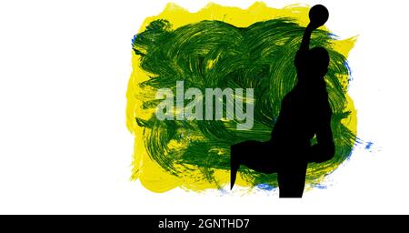 Silhouette del giocatore di pallamano femminile contro tratti di pennello gialli, blu e verdi Foto Stock