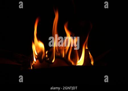 Falò fuoco di fuoco sul fondo nero inverno falò campeggio falò Londra Foto Stock