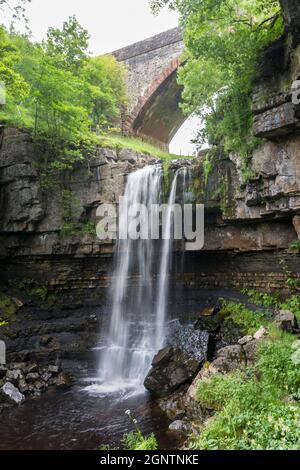 Ashgill Force cascata e ponte, Alston, Cumbria, Regno Unito Foto Stock