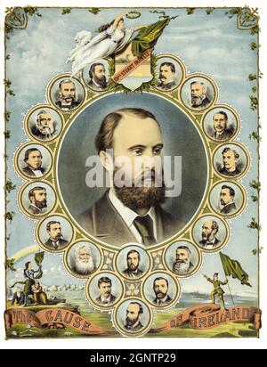 «la causa dell'Irlanda». Un'illustrazione di Charles Stewart Parnell (1846-1891), era un politico nazionalista irlandese che ha servito come membro del Parlamento (MP) dal 1875 al 1891 e leader della lega di regola domestica dal 1880 al 1882. Poi dal 1882 al 1891 divenne leader del Partito parlamentare irlandese, membri dei quali girano il suo ritratto. Il suo partito ha mantenuto l'equilibrio del potere nella Camera dei Comuni durante i dibattiti della regola d'abitazione del 1885-1886. Foto Stock