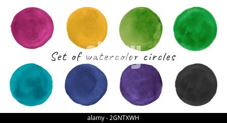 Illustrazione dei cerchi di acquerello. Sfondo vettoriale degli spot astratti. Set di punti colorati. Cerchi d'arte dipinti su carta. Illustrazione Vettoriale