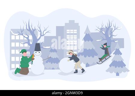 Neve all'aperto bambini. Bambini che giocano nella neve, facendo pupazzi di neve. Vacanze invernali. Un bambino allegro attivo una corsa in slitta Illustrazione Vettoriale