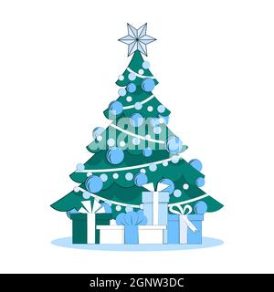 Albero di Natale con scatole regalo isolato su sfondo bianco. Illustrazione vettoriale in stile piatto. Stella, palline di Natale, lampadine sull'albero. Nuovo Illustrazione Vettoriale