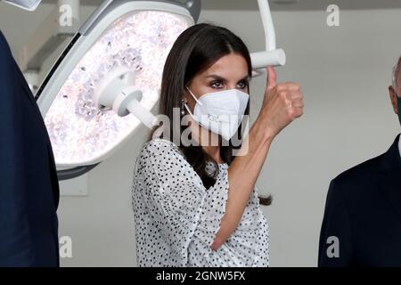 Lisbona, Portogallo. 27 settembre 2021. Re Felipe VI di Spagna (non visto) e la regina Letizia partecipano all'inaugurazione del Centro per il cancro pancreatico di Botton-Champalimaud alla Fondazione Champalimaud di Lisbona, Portogallo, il 27 settembre 2021. (Credit Image: © Pedro Fiuza/ZUMA Press Wire) Foto Stock