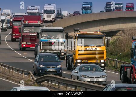 Griffin Gathering, Ipswich 2014Scania, veicoli HGV d'epoca sul ponte Orwell Suffolk, Regno Unito Foto Stock