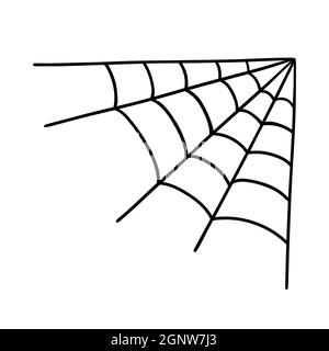 Il ragnatela d'angolo è isolato su sfondo bianco. Illustrazione vettoriale disegnata a mano in stile doodle. Perfetto per carte, logo, vacanza e Halloween disegni, decorazioni. Illustrazione Vettoriale