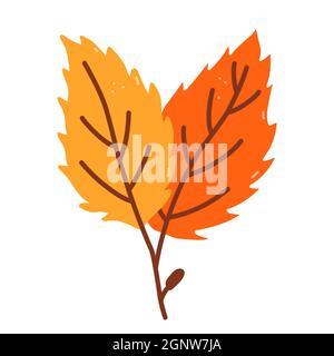 Ramoscello con foglie arancioni e gialle isolate su sfondo bianco. Illustrazione vettoriale disegnata a mano in stile cartoon flat. Perfetto per il vostro progetto, biglietti, inviti, stampe, decorazioni. Illustrazione Vettoriale