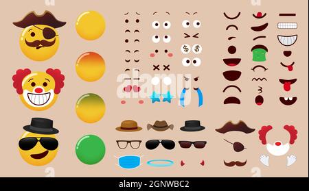 Disegno del vettore del creatore di emoji. Kit di personaggi emoticon con occhi, bocca e costume, elementi modificabili per le parti di espressione del volto emoji. Illustrazione Vettoriale