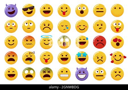 Set di vettori emoticon smileys. Emoticon carattere isolato in sfondo bianco con sorriso, male, arrabbiato e malati viso espressioni per sorridere. Illustrazione Vettoriale