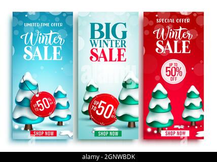 Set poster vettoriale vendita invernale. Promozione invernale testo dell'offerta a tempo limitato fino al 50% di sconto speciale per la promozione commerciale stagionale banner pubblicitari design. Illustrazione Vettoriale