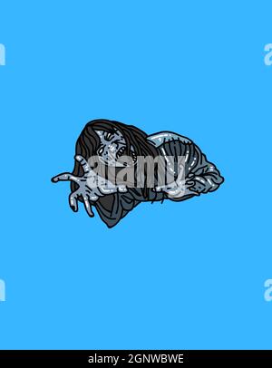 Illustrazione di horror notte, anima scura, Halloween, horror casa, zombie, scheletro, attacco notturno, luna, lupo, su sfondo blu commerciale, illustrazione vettoriale Foto Stock