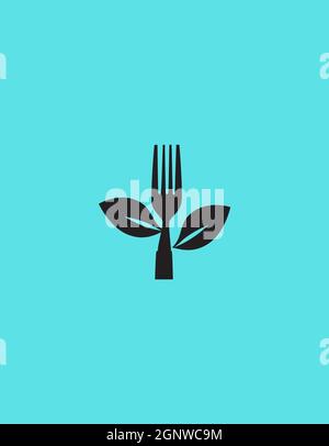 Illustrazione di gelato, sandwich, forchetta, cucchiaio, logo ecologico per alimenti su sfondo blu commerciale Foto Stock