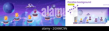 Arcade mobile con sfondo parallasse astronale, navetta interstellare in alto sul pianeta alieno con risorse su piattaforme volanti, design ui 2d gioco fantasy, paesaggio vettoriale cartoon extraterrestre Illustrazione Vettoriale
