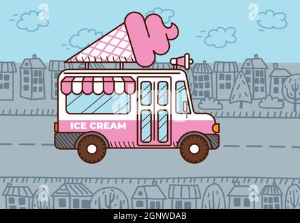 Gelateria in città. Carrello per alimenti Illustrazione Vettoriale