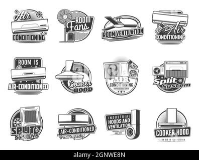 Icone aria condizionata e ventilazione. Installazione di locali e ventilazione industriale e riparazione di servizi di manutenzione emblemi vettoriali con aria condizionata split sistema unità, ventilatori e cappa cucina Illustrazione Vettoriale