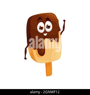 Emoticon popsicle al cioccolato sul bastone yummy gelato alla vaniglia glassato in choco isolato divertente personaggio cartoon. Dessert estivo vettoriale kawaii, snack fast food. Sorbetto in cima al cacao, viso carino Illustrazione Vettoriale