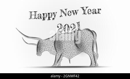 Felice anno nuovo 2021 simbolo dell'anno neon poligonale toro su sfondo chiaro. Illustrazione vettoriale. Illustrazione Vettoriale