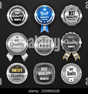 Sigillo d'argento, medaglia, premio, badge ed etichette, marchio di garanzia della migliore qualità. Vector round premia con nastri. Promozione di prodotti di lusso, sigilli isolati e badge di altissima qualità garantiti Illustrazione Vettoriale