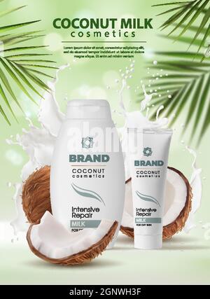 Cosmetici al latte di cocco, crema per la cura della pelle e shampoo. Poster vettoriale cosmetico, naturale mezzo cocco intero, tubi, foglie di palma. Bellezza organica di cocco prodotto cosmetico pubblicità, realistico 3D mockup Illustrazione Vettoriale