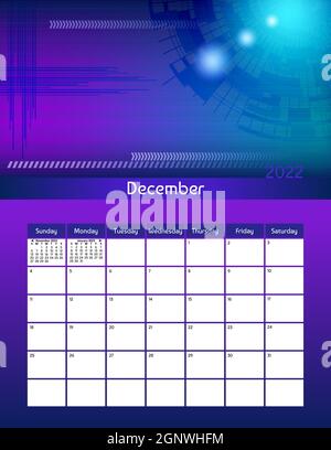 US lettera carta formato vettore futuristico mensile calendario pianificatore dicembre 2022 settimana inizia la Domenica. Organizer astratto verticale, habit tracker. Colore Illustrazione Vettoriale