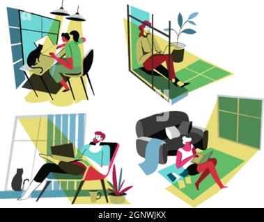 Freelance che lavorano da casa, persone con notebook Illustrazione Vettoriale