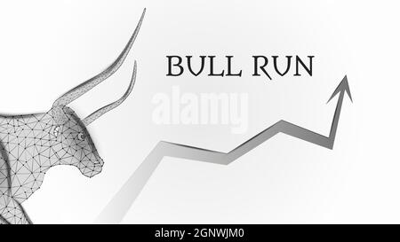 Corsa di toro con testa poligonale e freccia verso l'alto su sfondo bianco. Trend rialzista in borsa. Illustrazione vettoriale. Illustrazione Vettoriale