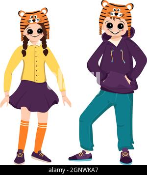 Ragazza e ragazzo in cappello arancione della tigre. Festa di carnevale per bambini. Bambini in costumi di animali per Capodanno, Natale o vacanza Illustrazione Vettoriale