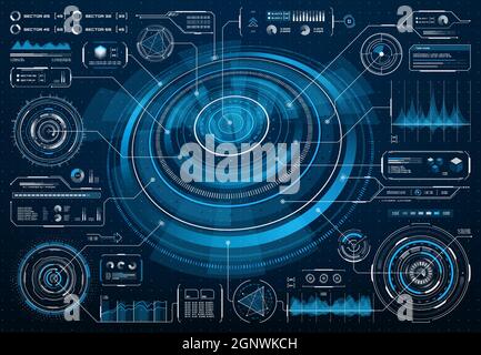 Interfaccia futuristica dello schermo HUD o infografica Sci Fi con grafico delle informazioni sui big data. Interfaccia a schermo vettoriale HUD con diagrammi, diagrammi di flusso e grafici sul pannello del cruscotto, interfaccia utente digitale con tecnologia futura Illustrazione Vettoriale