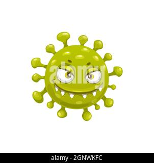 Icona del vettore cellulare del coronavirus Cartoon, divertente virus o batterio del virus covid19 o personaggio germe con il viso noioso ridente. Mostro patogeno arrabbiato sorridente con occhi grandi, cellula covid isolata Illustrazione Vettoriale