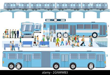 Fermata dell'autobus con illustrazione del treno sopraelevato Illustrazione Vettoriale