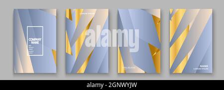 Set di illustrazioni vettoriali di copertina lussuoso e ricco, linee dorate e dorate. Blu luce astratto sfondo modello invito. Forme geometriche motivo alla moda per la presentazione del design, la stampa, il web Illustrazione Vettoriale