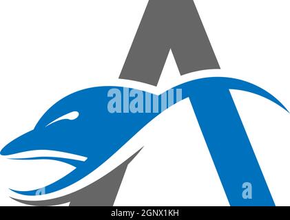 Dolphin con lettera Un modello vettoriale di concetto di disegno dell'icona del logo Illustrazione Vettoriale