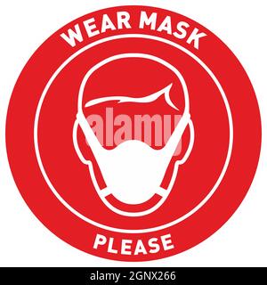 Segno circolare rosso vettoriale con testo maschera di usura per favore. Carattere con maschera bianca. Isolato su sfondo bianco. Illustrazione Vettoriale