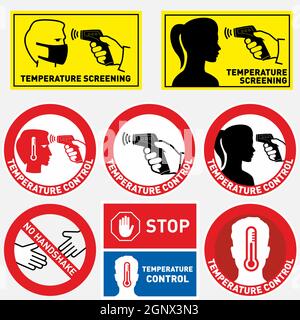 Serie di segni di controllo della temperatura corporea umana. Mostra il segno di controllo della temperatura corporea durante l'epidemia di Covid-19. Rilevamento della trasmissione di virus. Utilizzare un termometro a infrarossi contactless coronavirus linea focolaio Illustrazione Vettoriale