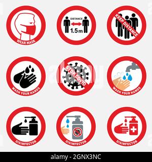 Set di misure e precauzioni di sicurezza Coronavirus segni di avvertimento sulla protezione, sociale distanziamento, indossare la copertura del viso, lavarsi le mani, utilizzando igienizzante, mantenere la distanza e fermare il coronavirus Illustrazione Vettoriale