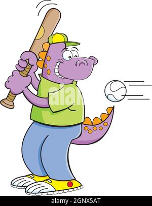 Illustrazione cartoon di un dinosauro che colpisce un baseball. Illustrazione Vettoriale