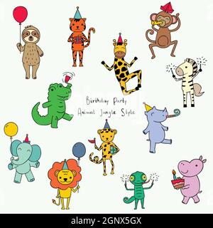 Cute giungla e animali safari. Personaggi del compleanno disegnati a mano. Personaggi dello zoo dei cartoni animati. Palloncino, torta e regali. Doodles colorati Foto Stock