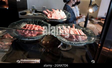 Selezione di carne mezzogiorno pranzo a buffet Hilton Hotel Pattaya Thailandia Foto Stock