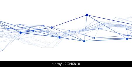 Struttura a reticolo di rete di linee e punti blu collegati su sfondo bianco Foto Stock