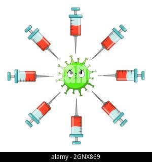 Covid-19 simbolo del cartone animato vaccino. Illustrazione vettoriale isolata su sfondo bianco. Illustrazione Vettoriale