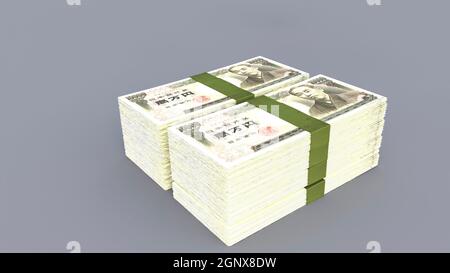 Rendering 3d di 10000 pacchetti yen giapponesi impilati su sfondo semplice Foto Stock