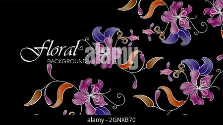 Floral gradient background with patterns and dynamic lines. Romantic botanical pattern from flowers. Color illustration vector graphic template for cards, posters, exercise books. Illustrazione Vettoriale
