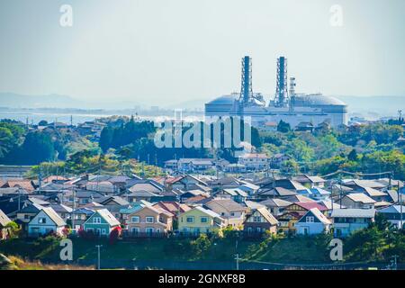 Porto di Sendai visibile dalla prefettura di Miyagi shichigahama. Luogo di tiro: Prefettura di Miyagi, Contea di Miyagi Foto Stock