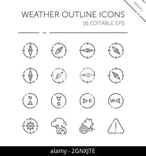 Meteo e meteorologia sottile linea icona set. Compass e disastri naturali. Illustrazione vettoriale del contorno Illustrazione Vettoriale