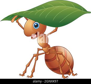 Cartoon ant che tiene una foglia verde Illustrazione Vettoriale